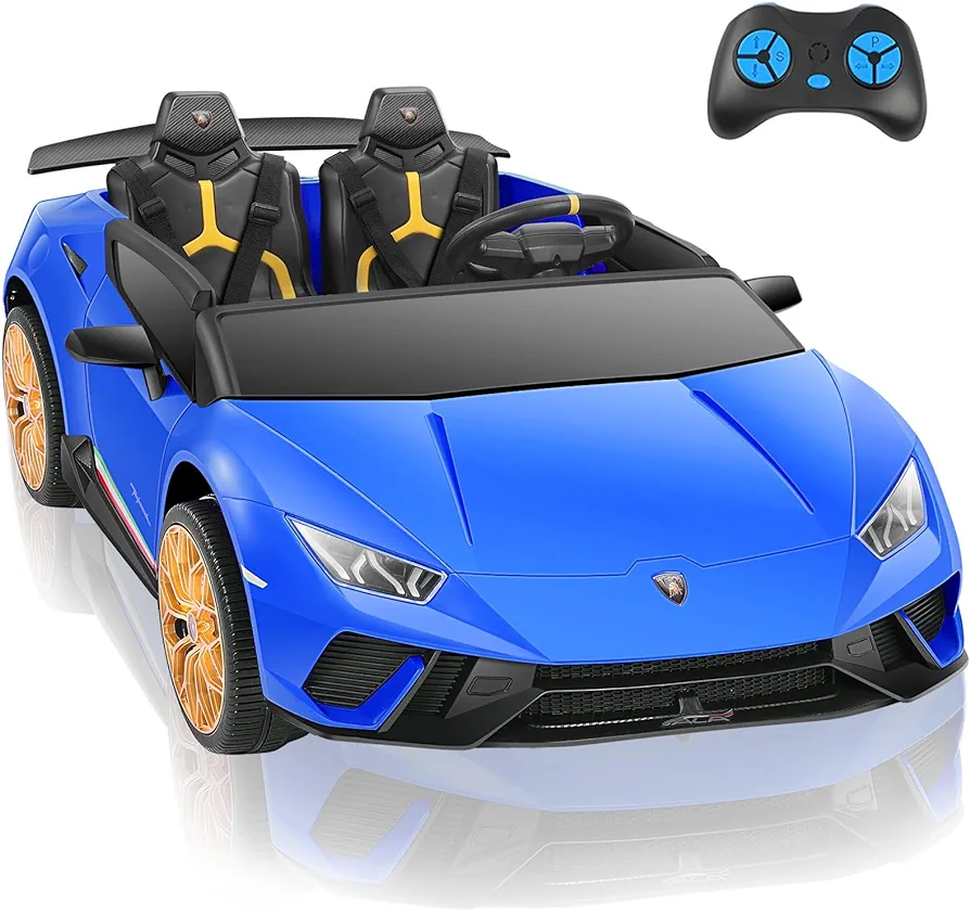 ELEMARA 2 Seater Lamborghini Car for Kids to Drive, 12V10Ah 4 Wheels Electric Vehicle for Kids, 4.0 mph, Side by Side Ride on Car with Remote Control, 3 Speeds, MP3, LED Headlight for Boys 3-8, Blue