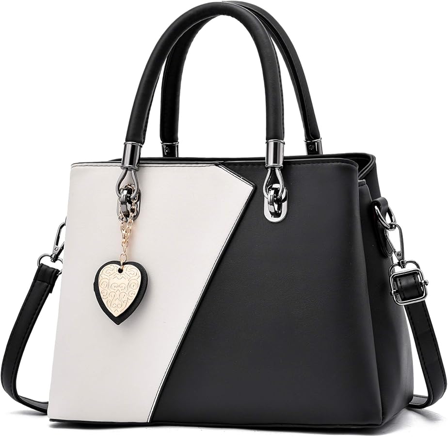Womens Leather Handbags Purse Top-handle Bags Contrast Color Stitching Totes Satchel Shoulder Bag for Ladies