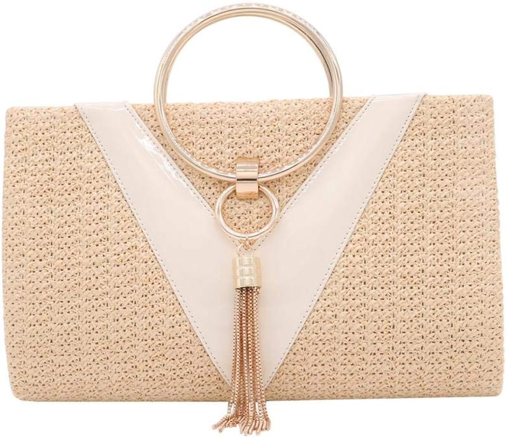 Simcat Straw Handbag Evening Bag Clutch Purses for Women,Elegant Summer Beach Tote Tassels Straw Top Handle Clutch with Chain
