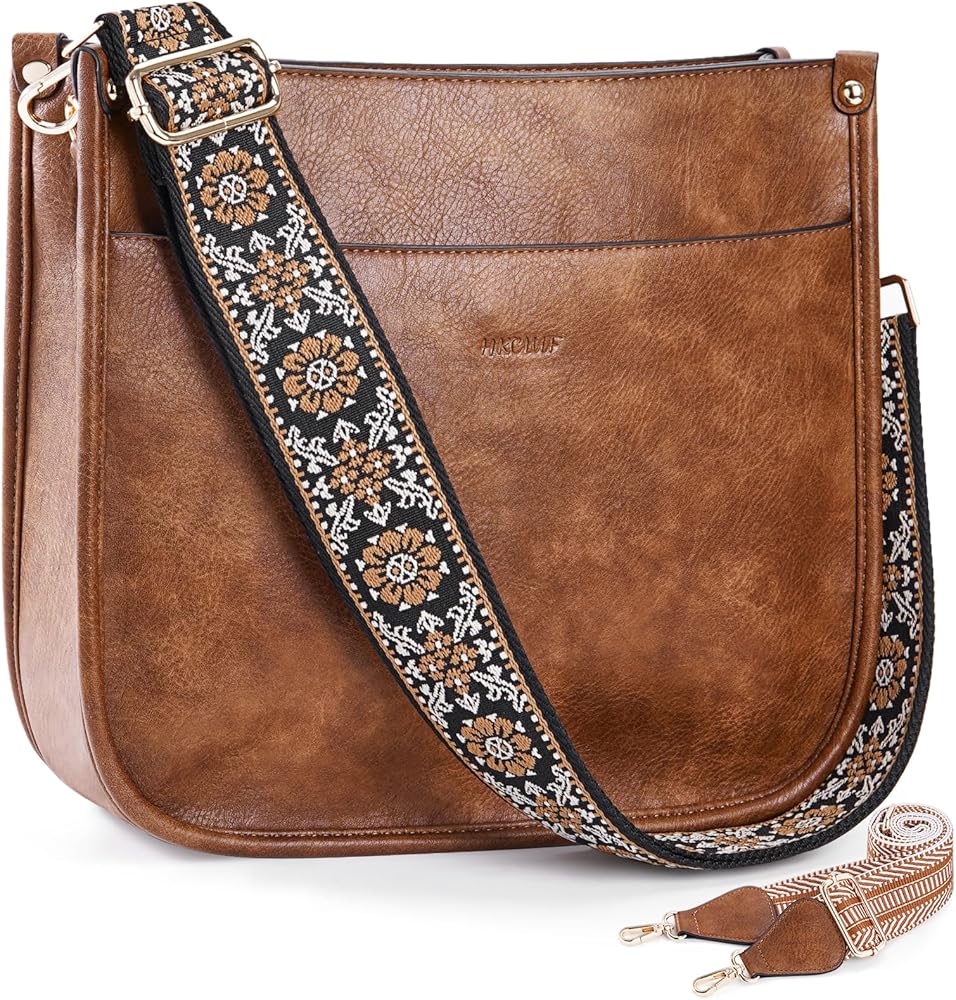 HKCLUF Crossbody Bags for Women Trendy Vegan Leather Hobo Handbags With 2PCS Adjustable Guitar Strap Shoulder Bucket Bags